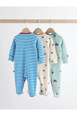 Next Baby % 100 Pamuklu Parlak Taşıma Araçları Desenli 3’lü Tulum Set