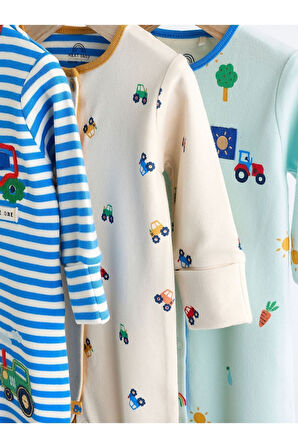 Next Baby % 100 Pamuklu Parlak Taşıma Araçları Desenli 3’lü Tulum Set