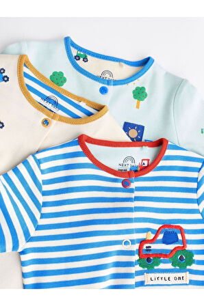 Next Baby % 100 Pamuklu Parlak Taşıma Araçları Desenli 3’lü Tulum Set