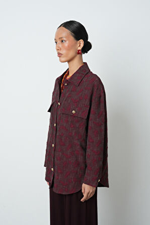 Kadın Bordo Renk Desenli Çift Cepli Gömlek - Ceket