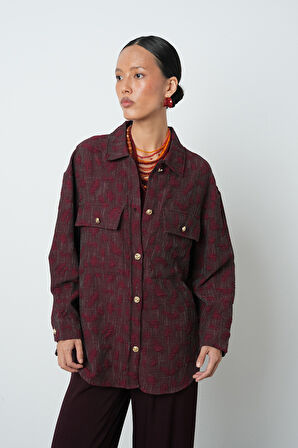 Kadın Bordo Renk Desenli Çift Cepli Gömlek - Ceket