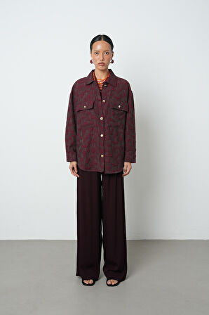 Kadın Bordo Renk Desenli Çift Cepli Gömlek - Ceket