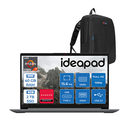 Lenovo Ideapad 1 15ALC7 Amd Ryzen 7 5700U 40GB 2tb SSD Amd Radeon Graphics Freedos 15.6" Fullhd Taşınabilir Bilgisayar Gri 82R400R4TRF24 + Zetta Çanta