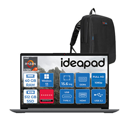 Lenovo Ideapad 1 15ALC7 Amd Ryzen 7 5700U 40GB 512GB SSD Amd Radeon Graphics Windows 11 Home 15.6" Fullhd Taşınabilir Bilgisayar Gri 82R400R4TRH22 + Zetta Çanta