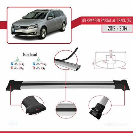 Volkswagen Passat B7 (3C) Alltrack 2012-2014 Arası ile Uyumlu FLY Model Ara Atkı Tavan Barı Gri 2 Adet