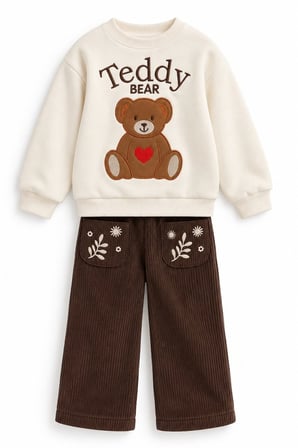 Kız Çocuk Takım Uzun Kollu Sweatshirt ve Fitilli Kadife Pantolon Set
