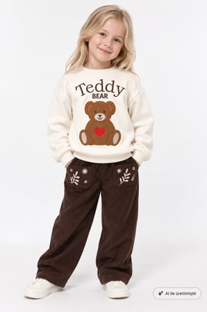 Kız Çocuk Takım Uzun Kollu Sweatshirt ve Fitilli Kadife Pantolon Set