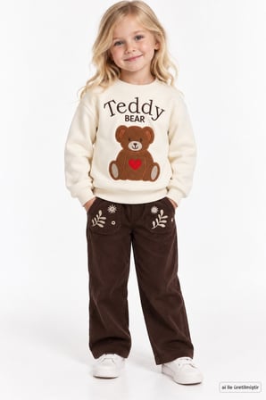 Kız Çocuk Takım Uzun Kollu Sweatshirt ve Fitilli Kadife Pantolon Set