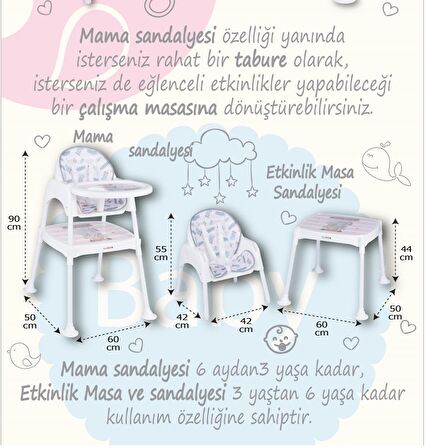 BabyDoor & Mama Star Çalışma Masalı Pedli Mama Sandalyesi Gri 3 in 1