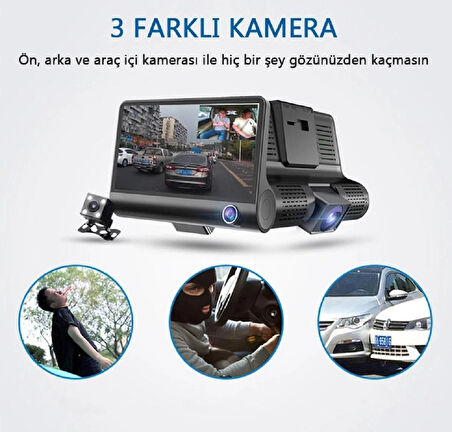 MB-400 3 Kameralı 1080P Yol Kayıt Araç Kamerası(TürkçeMenü+GeriGörüş+G-Sensör)Üç Kameralı Araç kamera