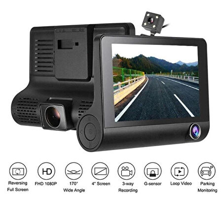 MB-400 3 Kameralı 1080P Yol Kayıt Araç Kamerası(TürkçeMenü+GeriGörüş+G-Sensör)Üç Kameralı Araç kamera