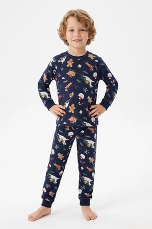 Lacivert Yılbaşı Desenli Unisex Pijama Takımı