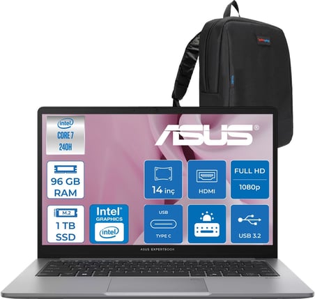 Asus Expertbook P1 P1403CVA Intel® Core™ 7 240H 96GB Ddr5 1tb SSD 14"fhd (1920 x 1080) 300NITS Freedos Taşınabilir Bilgisayar PC716512G0DF33+ZETTAÇANTA