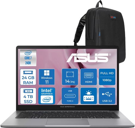 Asus Expertbook P1 P1403CVA Intel® Core™ 7 240H 24GB Ddr5 4tb SSD 14"fhd (1920 x 1080) 300NITS WIN11HOME Taşınabilir Bilgisayar PC716512G0DH10+ZETTAÇANTA