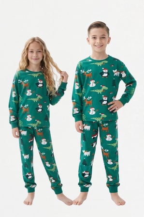 Yeşil Yılbaşı Desenli Unisex Pijama Takımı