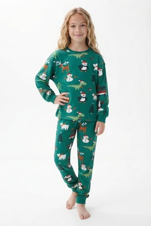 Yeşil Yılbaşı Desenli Unisex Pijama Takımı