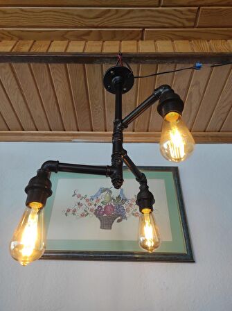 3 Başlıklı Endüstriyel Tasarım Vintage Tavan Lambası Retro Tasarım Rustik Avize Borulardan Lamba