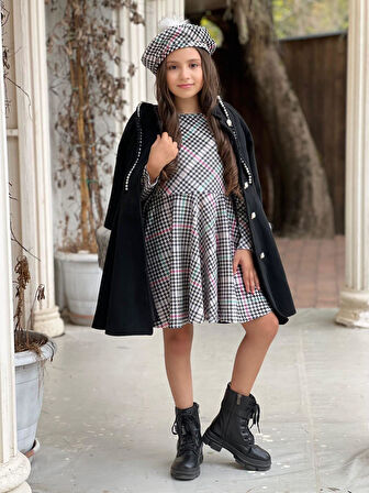 uğurböceğiçocuk Kolu Kürklü İnci Detaylı Kaban Kazayağı Elbise 4'lü Kız Çocuk Takım