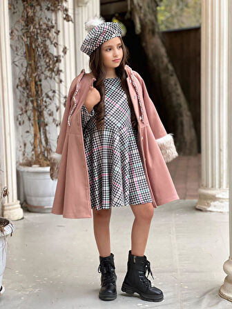 uğurböceğiçocuk Kolu Kürklü İnci Detaylı Kaban Kazayağı Elbise 4'lü Kız Çocuk Takım