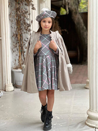 uğurböceğiçocuk Kolu Kürklü İnci Detaylı Kaban Kazayağı Elbise 4'lü Kız Çocuk Takım