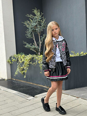 uğurböceğiçocuk Zebra Desen Kolej Ceketli Etekli 4'lü Kız Çocuk Takım