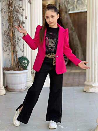 uğurböceğiçocuk Dabıl Ceket Yırtmaçlı Kot Pantolon 4'lü Kız Çocuk Takım