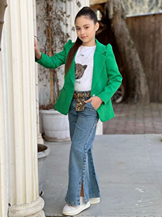 uğurböceğiçocuk Dabıl Ceket Yırtmaçlı Kot Pantolon 4'lü Kız Çocuk Takım