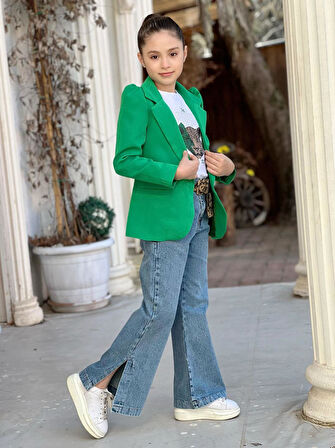 uğurböceğiçocuk Dabıl Ceket Yırtmaçlı Kot Pantolon 4'lü Kız Çocuk Takım