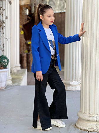 uğurböceğiçocuk Dabıl Ceket Yırtmaçlı Kot Pantolon 4'lü Kız Çocuk Takım