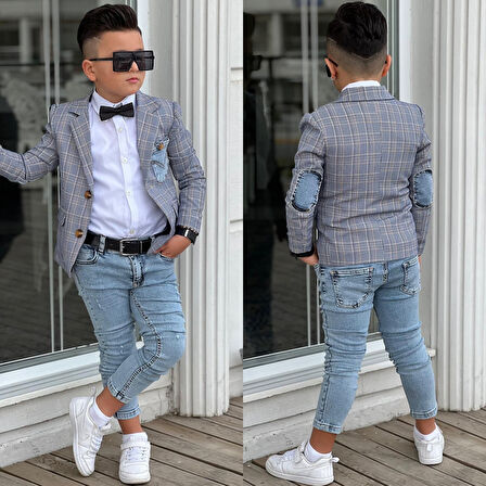 Uğurböceğiçocuk Ekose Denim Detaylı 5 Parça Erkek Çocuk Takım