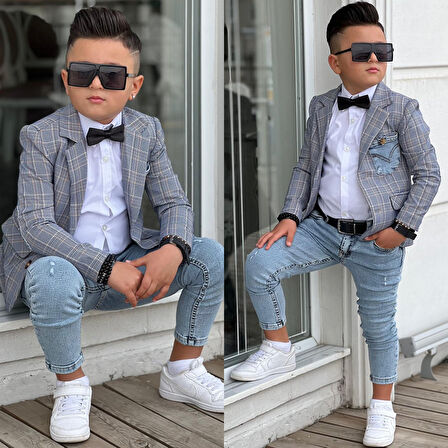 Uğurböceğiçocuk Ekose Denim Detaylı 5 Parça Erkek Çocuk Takım