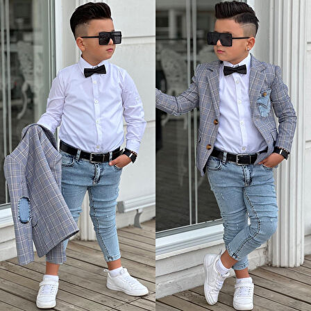 Uğurböceğiçocuk Ekose Denim Detaylı 5 Parça Erkek Çocuk Takım