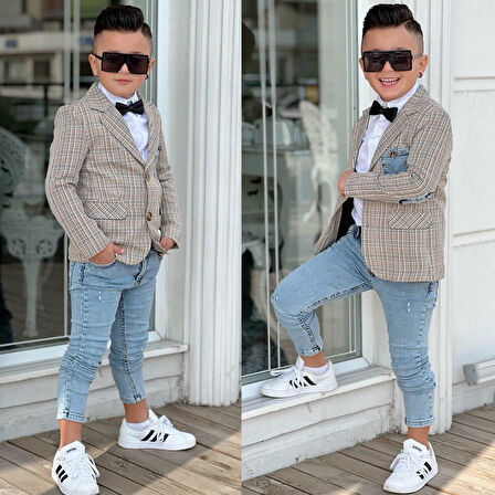 Uğurböceğiçocuk Ekose Denim Detaylı 5 Parça Erkek Çocuk Takım