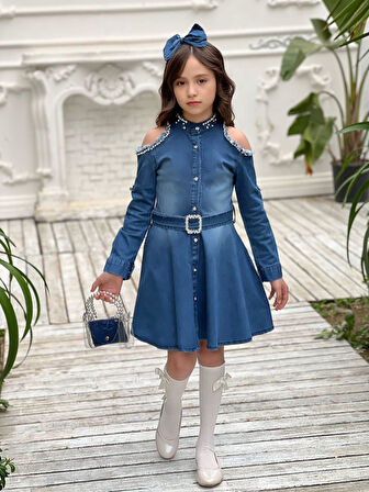 Uğurböceğiçocuk Omuz Taşlı Püsküllü Kız Çocuk 5 Parça Kot Elbise