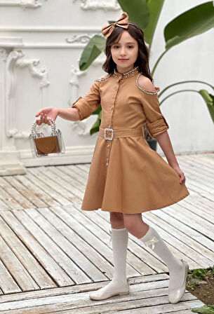 Uğurböceğiçocuk Omuz Taşlı Püsküllü Kız Çocuk 5 Parça Kot Elbise