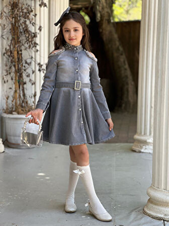 Uğurböceğiçocuk Omuz Taşlı Püsküllü Kız Çocuk 5 Parça Kot Elbise