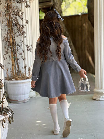 Uğurböceğiçocuk Omuz Taşlı Püsküllü Kız Çocuk 5 Parça Kot Elbise