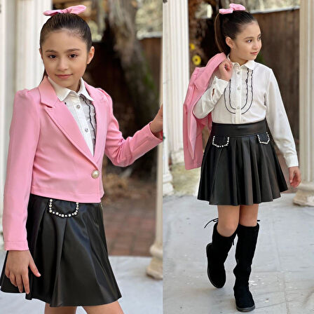 uğurböceğiçocuk Deri Kloş Etekli Dabıl Ceket 4'lü Kız Çocuk Takım