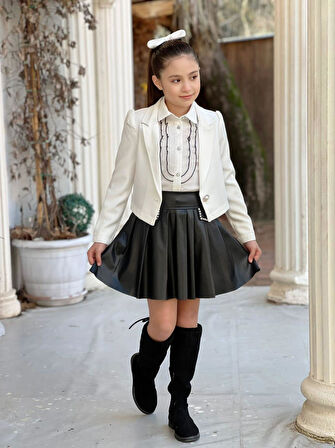 uğurböceğiçocuk Deri Kloş Etekli Dabıl Ceket 4'lü Kız Çocuk Takım