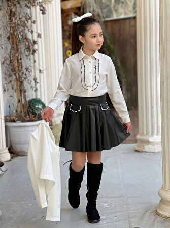 uğurböceğiçocuk Deri Kloş Etekli Dabıl Ceket 4'lü Kız Çocuk Takım