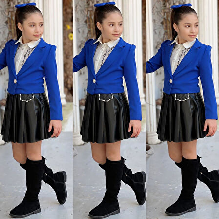 uğurböceğiçocuk Deri Kloş Etekli Dabıl Ceket 4'lü Kız Çocuk Takım