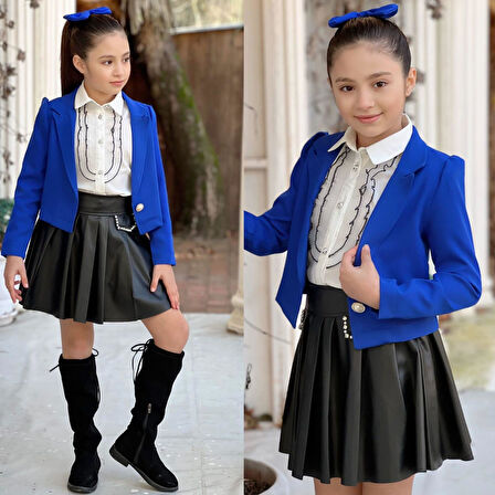 uğurböceğiçocuk Deri Kloş Etekli Dabıl Ceket 4'lü Kız Çocuk Takım