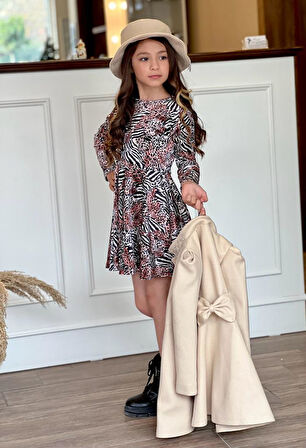 uğurböceğiçocuk Kemeri Taş Detaylı Kaban Leopar Zebra Desen Elbise 4'lü Kız Çocuk Takım