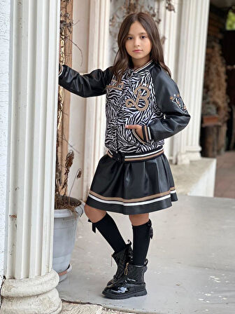 uğurböceğiçocuk Zebra Desen Kolej Ceketli Etekli 4'lü Kız Çocuk Takım