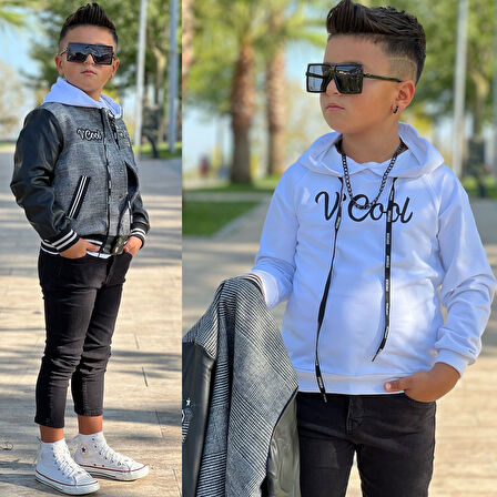 uğurböceğiçocuk Kolları Deri Detay Kolej Ceket Sweat 3'lü Erkek Çocuk Takım