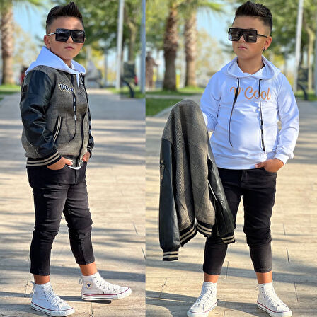 uğurböceğiçocuk Kolları Deri Detay Kolej Ceket Sweat 3'lü Erkek Çocuk Takım