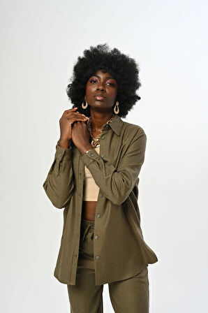 KADIN DÜZ RENK SİMLİ OVERSİZE KESİM GÖMLEK