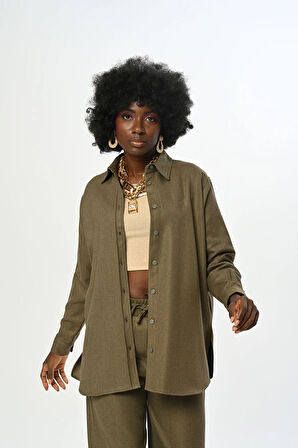 KADIN DÜZ RENK SİMLİ OVERSİZE KESİM GÖMLEK