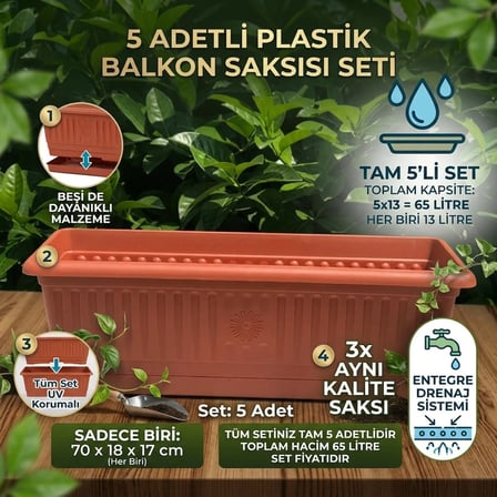 5'li Set 70 cm Kendinden Tabaklı Balkon Saksısı (Her Biri 13 Litre) - Drenajlı Plastik Bahçe Ve Pencere Önü Çiçek Saksısı (70x18x17 cm)