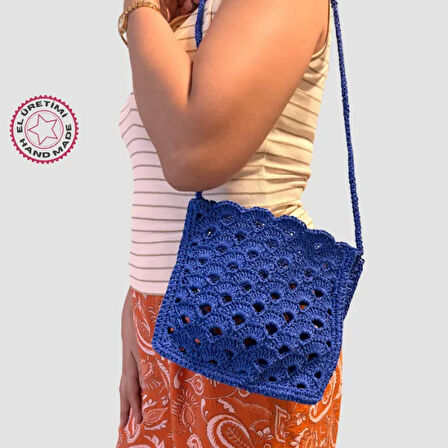 Uretti - Ayşegül 6289 - El Yapımı Desenli  Makrome İp Çanta 20cm - Mavi